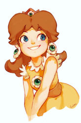 Rule 34 | 1girl, artist name, blue eyes, breasts, brooch, brown hair, commentary, cropped arms, crown, dress, earrings, flipped hair, flower earrings, frills, grin, jewelry, long hair, looking away, looking to the side, looking up, luisa rafidi, mario (series), medium breasts, mini crown, nintendo, nostrils, outline, parted hair, princess daisy, sideways glance, signature, simple background, sleeveless, sleeveless dress, smile, solo, super mario land, symbol-only commentary, teeth, yellow dress