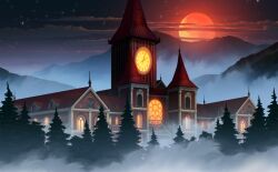 Rule 34 | clock, clock tower, cloud, fog, forest, full moon, game cg, justinas vitkus, landscape, mansion, moon, mountainous horizon, nature, night, night sky, no humans, official art, outdoors, pine tree, red moon, scarlet devil mansion, sky, stained glass, star (sky), third-party source, touhou, touhou cannonball, tower, tree, window