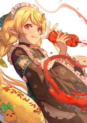 Rule 34 | 1girl, :p, absurdres, apron, black kimono, blonde hair, bottle, braid, checkered sash, detached sleeves, food, food writing, green sash, highres, holding, holding bottle, japanese clothes, ketchup, ketchup bottle, kimono, long hair, maid, maid apron, maid headdress, maplesights, nijisanji, nijisanji en, obi, official alternate costume, omelet, omurice, pointy ears, pomu rainpuff, pomu rainpuff (2nd costume), red eyes, sash, solo, squeeze bottle, tongue, tongue out, twin braids, virtual youtuber, wa maid, white background, wide sleeves