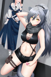 Rule 34 | 2girls, :d, absurdres, animal ear fluff, animal ears, arknights, arm behind head, arm up, bare arms, bare shoulders, black footwear, black shorts, blue dress, blue feathers, blush, breasts, cat ears, cat tail, ceylon (arknights), cleavage, commentary, condom, condom wrapper, crop top, dress, english commentary, feather hair, feathers, female focus, gloves, grey scarf, hair between eyes, head out of frame, highres, holding, long hair, long sleeves, looking at viewer, medium breasts, midriff, multiple girls, navel, open mouth, perdia, pink hair, pouch, scarf, schwarz (arknights), shoes, short shorts, shorts, silver hair, sleeveless, smile, stomach, tail, thigh strap, thighs, white gloves, yellow eyes
