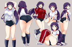 Rule 34 | 1girl, ;), arms behind head, ass, breasts, buruma, closed eyes, green eyes, gym uniform, highres, jacket, kurokawa makoto, large breasts, long hair, looking at viewer, love live!, love live! school idol project, low twintails, multiple views, one eye closed, open mouth, parted bangs, pink scrunchie, purple hair, red jacket, scrunchie, shirt, shoes, short sleeves, simple background, sitting, smile, socks, standing, swept bangs, tojo nozomi, track jacket, twintails, white footwear, white shirt