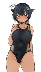 Rule 34 | 1girl, artist name, bare arms, bare legs, bare shoulders, black hair, black one-piece swimsuit, blush, breasts, collarbone, cowboy shot, dated, hair between eyes, hair flaps, hair ornament, highres, jingei (kancolle), kantai collection, kirisawa juuzou, large breasts, long hair, one-piece swimsuit, red eyes, simple background, solo, swimsuit, white background