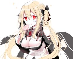 Rule 34 | 1girl, azur lane, between breasts, black dress, blonde hair, blush, breasts, candy, commentary request, concord (azur lane), cosplay, dress, food, formidable (azur lane), formidable (azur lane) (cosplay), frilled dress, frills, headphones, headphones removed, lollipop, oouso, red eyes, smile, solo, star-shaped pupils, star (symbol), symbol-shaped pupils