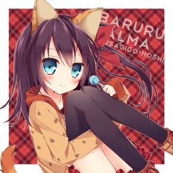 Rule 34 | 1girl, animal ears, balulu alma, blue eyes, bow, brown hair, candy, casual, cat ears, cat tail, character name, dog ears, dog tail, emil chronicle online, food, hair bow, hair ribbon, highres, holding, hoshi (snacherubi), hugging own legs, lollipop, long hair, looking at viewer, ribbon, side ponytail, smile, solo, tail