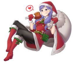 Rule 34 | 1girl, absurdres, alternate costume, bird, black legwear, boots, candy, candy cane, chewing, chicken, drumsticks, earrings, ebinku, fire emblem, fire emblem heroes, food, food on face, hat, highres, ilyana (fire emblem), jewelry, legs, nintendo, purple eyes, purple hair, red footwear, sack, santa costume, santa hat, simple background, twintails, white background