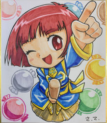 Rule 34 | 1girl, absurdres, blue robe, blush stickers, bob cut, broom, broom riding, candy, chibi, cotton (character), cotton (game), female focus, food, highres, holding, holding broom, marker (medium), one eye closed, open mouth, pointing, red eyes, red hair, robe, signature, solo, traditional media, wink, witch, yellow footwear
