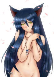 Rule 34 | 10s, 1girl, 2012, ahri (league of legends), animal ears, blue hair, blush, braid, breasts, cleavage, covering privates, covering breasts, dated, fingernails, fox ears, groin, charm (object), league of legends, long hair, looking at viewer, navel, no tail, nude, petals, signature, simple background, solo, tears, tonnelee, very long hair, white background, yellow eyes