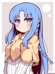 Rule 34 | 1girl, blue eyes, blue hair, blush, braid, closed mouth, commentary request, fate/grand order, fate (series), fringe trim, grey background, highres, long hair, looking at viewer, medea (fate), parted bangs, ribbed sweater, shawl, single braid, small sweatdrop, solo, sweat, sweater, turtleneck, turtleneck sweater, twitter username, two-tone background, upper body, very long hair, white background, white sweater, yuya090602