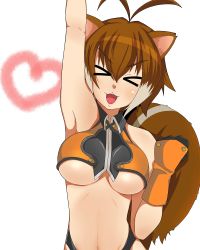 Rule 34 | &gt; &lt;, 1girl, :3, animal ears, antenna hair, arc system works, arm up, armpits, bare shoulders, blazblue, blazblue: continuum shift, breasts, brown hair, clenched hand, crop top, closed eyes, gloves, heart, highleg, highleg panties, highres, kidoriyacats, large breasts, makoto nanaya, midriff, navel, orange skirt, panties, revealing clothes, skirt, solo, squirrel ears, squirrel tail, tail, underboob, underwear