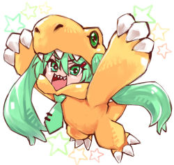 Rule 34 | 1girl, :3, agumon, agumon (cosplay), artist request, chibi, claws, cosplay, costume, crossover, digimon, digimon adventure, fangs, fur trim, green eyes, green hair, hatsune miku, necktie, open mouth, shiny skin, simple background, smile, solo, teeth, twintails, upper teeth only, vocaloid, white background