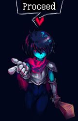 Rule 34 | 1other, absurdres, androgynous, armor, blue hair, blue skin, bodysuit, closed mouth, colored skin, cropped legs, deltarune, english text, gloves, glowing, glowing eye, hair over one eye, heart, highres, holding, holding sword, holding weapon, kris (deltarune), legs together, looking at viewer, outstretched arm, pauldrons, pink scarf, pointing, red eyes, scarf, shaded face, short hair, shoulder armor, solo, speech bubble, sword, weapon