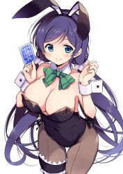 Rule 34 | 1girl, animal ears, bare shoulders, black hairband, black leotard, blue eyes, blush, bow, bowtie, breasts, bridal garter, card, cleavage, closed mouth, covered navel, cowboy shot, detached collar, fake animal ears, frills, green bow, green bowtie, hairband, holding, holding card, large breasts, leotard, long hair, love live!, love live! school idol project, low twintails, odawara hakone, pantyhose, playboy bunny, playing card, purple hair, rabbit ears, solo, strapless, strapless leotard, thigh gap, tojo nozomi, twintails, very long hair, white background, wrist cuffs