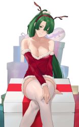 Rule 34 | 1girl, antlers, bare shoulders, box, breasts, cleavage, collarbone, commentary, crossed legs, detached sleeves, dress, english commentary, eyelashes, fake antlers, feet out of frame, female focus, fire emblem, fire emblem: the blazing blade, fur-trimmed dress, fur-trimmed sleeves, fur trim, gift, gift box, green eyes, green hair, hair between eyes, hand on own knee, head tilt, headband, highres, horns, j@ck, large breasts, long hair, long sleeves, looking at viewer, lyn (fire emblem), matching hair/eyes, nintendo, parted lips, ponytail, red dress, reindeer antlers, sidelocks, simple background, sitting, solo, thighhighs, very long hair, white background, white thighhighs, zettai ryouiki