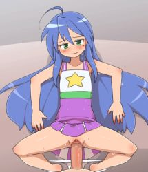 Rule 34 | 1boy, 1girl, ahoge, animated, animated gif, blue hair, blush, cheerleader, clitoris, clothes lift, dress, dress lift, green eyes, izumi konata, kaz (shade), looking at viewer, lowres, lucky star, lying, mole, on back, panties, panties around ankles, panty pull, penis, pov, pussy, pussy juice, sex, spread legs, steam, sweat, underwear, vaginal, white panties