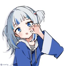 Rule 34 | 1girl, blue eyes, blue hair, blue hoodie, blunt bangs, blush, drawstring, gawr gura, gawr gura (1st costume), grey hair, h (eitilog), hair ornament, hand up, head tilt, highres, hololive, hololive english, hood, hood down, hoodie, long sleeves, looking at viewer, medium hair, multicolored hair, open mouth, shark girl, shark hair ornament, simple background, single tear, solo, streaked hair, tears, twitter username, two side up, upper body, virtual youtuber, white background, wide sleeves