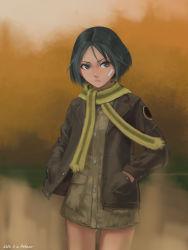 Rule 34 | 1girl, artist name, bad id, bad pixiv id, bandaid, bandaid on face, black eyes, black hair, brave witches, brown jacket, closed mouth, commentary request, cowboy shot, dated, emblem, eyelashes, frown, furukawa herzer, hands in pockets, highres, jacket, kanno naoe, leather, leather jacket, looking at viewer, looking to the side, no pants, parted bangs, revision, scarf, serious, short hair, signature, solo, standing, uniform, world witches series