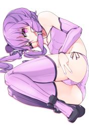 Rule 34 | 1girl, ass, bare shoulders, black footwear, breasts, collarbone, commentary request, highres, long hair, looking at viewer, open mouth, panties, pink panties, pink thighhighs, pon (shind 997), purple eyes, purple hair, short hair with long locks, simple background, small breasts, solo, thighhighs, twintails, underwear, vocaloid, white background, yuzuki yukari
