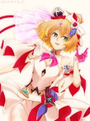 Rule 34 | 1girl, bow, clothing cutout, crown, dress, earrings, freyja wion, gloves, hair bow, highres, jewelry, macross, macross delta, navel, navel cutout, open mouth, orange hair, pantyhose, pink gloves, poi (poizoo320), short hair, short sidetail, smile, solo, white background, white bow, white dress, white pantyhose