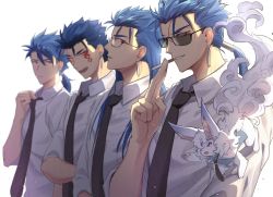 Rule 34 | 4boys, alternate costume, animal, animal on shoulder, bad id, bad twitter id, bespectacled, blue hair, cigarette, cu chulainn (caster) (fate), cu chulainn (fate), cu chulainn (fate) (all), cu chulainn (fate/prototype), cu chulainn (fate/stay night), cu chulainn alter (fate), cu chulainn alter (fate/grand order), dress shirt, earrings, facial mark, fang, fate/grand order, fate/prototype, fate/stay night, fate (series), formal, fou (fate), glasses, hair down, highres, jewelry, lancer, long hair, male focus, multiple boys, multiple persona, necktie, ponytail, red eyes, shirt, smoking, sunglasses, uuruung