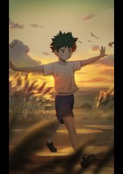 1boy aged_down bara bird black_border boku_no_hero_academia border frde freckles full_body green_eyes green_hair male_focus midoriya_izuku shirt shoes short_hair shorts solo sunset white_shirt