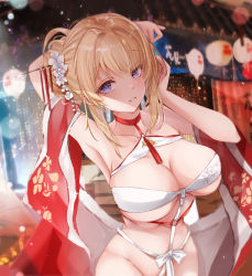 1girl, azur lane, bangs, blonde hair, breasts, city lights, eyebrows visible through hair, flower, glorious (azur lane), hair between eyes, hair bun, hair flower, hair ornament, highres, lantern, large breasts, long hair, looking at viewer, mutang, navel, outdoors, parted lips, purple eyes, revealing clothes, sidelocks, solo