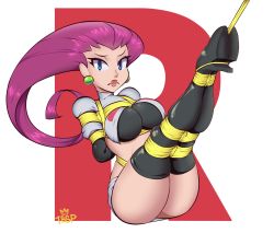 Rule 34 | 1girl, artist name, ass, bdsm, black thighhighs, blue eyes, bondage, boots, bound, breasts, creatures (company), eyeliner, female focus, game freak, high heel boots, high heels, highres, huge ass, jessie (pokemon), large breasts, lips, lipstick, long hair, makeup, nintendo, pink lips, pokemon, pokemon (anime), purple hair, rope, shiny clothes, shiny skin, solo, tbsp, team rocket, thick thighs, thigh boots, thighhighs, thighs, transparent background, very long hair, yellow rope