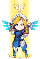 Rule 34 | 1girl, armband, artist name, blonde hair, blue eyes, chibi, combat medic ziegler, dated, dress, frown, hand on own hip, hat, highres, l.wolf, mechanical wings, mercy (overwatch), overwatch, overwatch 1, pigeon-toed, salute, solo, spread wings, wings