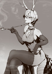 Rule 34 | 1girl, absurdres, antlers, ass, blonde hair, blowing smoke, breasts, china dress, chinese clothes, cleavage, dragon girl, dragon horns, dragon tail, dress, ear piercing, elbow gloves, gloves, highres, horns, kicchou yachie, kiseru, panties, piercing, sepia, short hair, smoking pipe, solo, stank, string panties, tail, tattoo, thick thighs, thighhighs, thighs, touhou, turtle shell, underwear