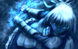 Rule 34 | 1girl, armor, armored dress, artoria pendragon (fate), blue theme, breastplate, fate/stay night, fate (series), from above, glowing, glowing eyes, green eyes, invisible air (fate), juliet sleeves, long sleeves, looking at viewer, machin, monochrome, puffy sleeves, saber (fate), sketch, solo