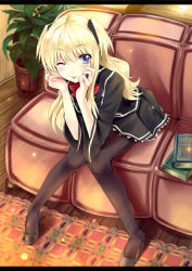 Rule 34 | 1girl, :p, aldehyde, blonde hair, book, legs, long legs, one eye closed, pantyhose, quiz magic academy, shalon, sitting, solo, tongue, tongue out, wink