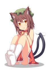 Rule 34 | 1girl, absurdres, animal ear fluff, animal ears, bare shoulders, brown eyes, brown hair, cat ears, cat tail, chen, dress, earrings, feet, full body, furagu, hat, highres, jewelry, kneehighs, knees up, light blush, looking at viewer, medium hair, mob cap, multiple tails, nekomata, panties, parted lips, red dress, simple background, socks, solo, tail, touhou, two tails, underwear, upskirt, white background, white socks