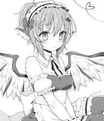 Rule 34 | 1girl, alternate costume, alternate hairstyle, animal ears, apron, artist name, bird ears, bird wings, blush, enmaided, feathered wings, greyscale, hair between eyes, heart, honotai, maid, maid apron, maid headdress, monochrome, mystia lorelei, parted lips, ponytail, short hair, short sleeves, signature, simple background, solo, thighhighs, touhou, waist apron, white background, wings