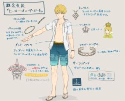 Rule 34 | 1boy, absurdres, arrow (symbol), arthur pendragon (fate), arthur pendragon (hero on the beach) (fate), artoria pendragon (fate), artoria pendragon (swimsuit archer) (fate), artoria pendragon (swimsuit archer) (third ascension) (fate), blonde hair, bracelet, cape, character sheet, commentary request, crown, fate/grand order, fate/prototype, fate/prototype: fragments of blue and silver, fate (series), flat color, full body, green eyes, grey background, highres, hood, hoodie, jewelry, kouzuki kei, male focus, sandals, simple background, sketch, smile, solo, text focus, translation request