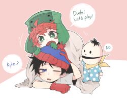 Rule 34 | 3boys, ahoge, animification, beanie, black hair, blanket, blue eyes, blush, child, english text, fang, fur hat, gloves, green eyes, half-closed eyes, halloween (owo), hand on headwear, hat, ike broflovski, kyle broflovski, lying, male focus, multiple boys, on stomach, open mouth, orange hair, pajamas, pom pom (clothes), pom pom beanie, short sleeves, south park, stan marsh, ushanka, waking up