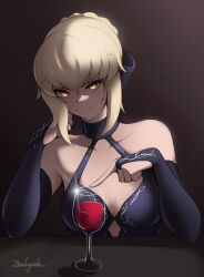 Rule 34 | 1girl, alcohol, artist name, artoria pendragon (all), artoria pendragon (fate), bare shoulders, black bow, blonde hair, bow, bridal gauntlets, cheek rest, choker, collarbone, cup, dark background, drinking glass, fate/grand order, fate (series), gradient background, hair bow, halterneck, highres, looking at viewer, pale skin, saber alter, sidelocks, solo, wine, wine glass, zealyush