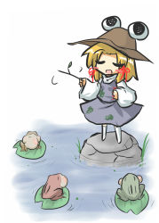 Rule 34 | 1girl, animal, blonde hair, blush stickers, closed eyes, female focus, frog, goma (gomasamune), grass, hat, highres, lily pad, long sleeves, moriya suwako, open mouth, rock, short hair, solo, standing, touhou, twig, water, wide sleeves