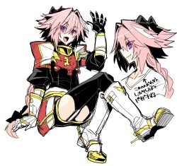 Rule 34 | 1boy, arm support, arm up, armored skirt, astolfo (fate), black bow, black shirt, black thighhighs, boots, bow, braid, collarbone, fang, fate/apocrypha, fate/grand order, fate (series), full body, garter straps, gauntlets, gorget, hair bow, hair intakes, haoro, highres, light blush, long braid, long hair, male focus, multicolored hair, multiple views, no cape, open hand, open mouth, pink hair, portrait, purple eyes, shirt, shoulder pads, simple background, single braid, sitting, skin fang, smile, solo, streaked hair, t-shirt, thighhighs, thighs, trap, two-tone hair, very long hair, white background, white footwear, white hair, white shirt, zettai ryouiki