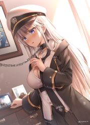 Rule 34 | 1girl, absurdres, azur lane, bare shoulders, black necktie, black skirt, blush, breasts, chain, collar, collared shirt, day, dutch angle, enterprise (azur lane), glint, hat, highres, indoors, large breasts, long hair, necktie, open mouth, peaked cap, photo (object), purple eyes, shirt, silver hair, skirt, sleeveless, sleeveless shirt, solo, suyamori, twitter username, very long hair