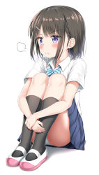 Rule 34 | 1girl, :t, absurdres, ass, black socks, blue bow, blue bowtie, blue skirt, blush, bow, bowtie, brown hair, closed mouth, collared shirt, commentary request, diagonal-striped bow, diagonal-striped bowtie, diagonal-striped clothes, diagonal-striped neckwear, hair ornament, hairclip, highres, hugging own legs, kneehighs, looking away, looking to the side, nedia (nedia region), original, panties, pleated skirt, pout, purple eyes, shirt, shoes, short sleeves, sitting, skirt, socks, solo, striped bow, striped bowtie, striped clothes, striped neckwear, underwear, uwabaki, v-shaped eyebrows, white background, white footwear, white panties, white shirt