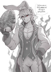 Rule 34 | 1boy, absurdres, angry, animal ears, chinese zodiac, coattails, easter, easter egg, egg, evomanaphy, fake animal ears, fire, fire emblem, fire emblem heroes, flower, gloves, greyscale, grima (fire emblem), hair flower, hair ornament, highres, limited palette, monochrome, nintendo, pectorals, rabbit ears, red eyes, robin (fire emblem), robin (male) (fire emblem), vest, white hair, year of the rabbit