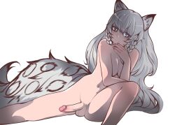 Rule 34 | 1futa, absurdres, animal ear fluff, animal ears, arknights, blush, braid, breasts, completely nude, erection, fate monaral, futanari, grey eyes, highres, large breasts, leopard ears, leopard girl, leopard tail, long hair, looking at viewer, navel, nipples, nude, penis, pramanix (arknights), shadow, side braids, solo, spotted tail, tail, testicles, twin braids, uncensored