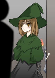 Rule 34 | 2girls, black hair, blush, brown eyes, brown hair, demon&#039;s souls, female focus, fire, from software, grin, hat, highres, maiden in black, multiple girls, nijimo fu, robe, short hair, smile, staff, witch hat, yuria the witch