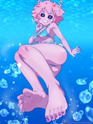 Rule 34 | 1girl, antlers, aqua bikini, arm at side, armpits, artist name, ashido mina, ass, bare shoulders, barefoot, bikini, bikini skirt, black sclera, boku no hero academia, breasts, bubble, cleavage, clenched teeth, collarbone, colored sclera, colored skin, feet, female focus, finger to face, fingernails, foot focus, front-tie bikini top, front-tie top, full body, grin, hand up, happy, highres, horns, index finger raised, legs, legs together, looking at viewer, medium breasts, messy hair, meteorreb0rn, midriff, nail polish, neck, outdoors, pink hair, pink skin, purple nails, purple toenails, shiny skin, short hair, smile, soles, sparkle, submerged, swimming, swimsuit, teeth, thighs, toenail polish, toenails, toes, underboob, underwater, water, yellow eyes