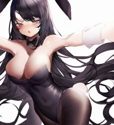 Rule 34 | 1girl, absurdres, animal ears, black bow, black bowtie, black hair, black leotard, black pantyhose, blush, bow, bowtie, breasts, cleavage, cowboy shot, detached collar, fake animal ears, foreshortening, highres, large breasts, leotard, long hair, looking at viewer, open mouth, outstretched arms, pantyhose, playboy bunny, purple eyes, rabbit ears, rabbit tail, sakurajima mai, seishun buta yarou, simple background, solo, strapless, strapless leotard, tail, white background, wrist cuffs, xiongshouji