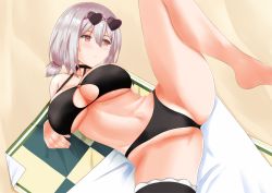 Rule 34 | 1girl, azur lane, bikini, black bikini, blush, breasts, choker, cleavage, closed mouth, collarbone, commentary request, eyewear on head, from above, hair between eyes, heart, heart-shaped eyewear, large breasts, looking away, lying, navel, o-ring, o-ring top, red eyes, short hair, silver hair, sirius (azur lane), sirius (scorching-hot seirios) (azur lane), solo, spread legs, sunglasses, swimsuit, thigh strap, tomohiro (duo)