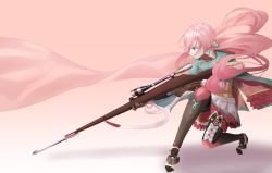 Rule 34 | 1girl, absurdres, bayonet, black socks, blue eyes, bow, brown gloves, cape, carcano m1891 (girls&#039; frontline), girls&#039; frontline, gloves, gradient background, gun, hair bow, hair ribbon, highres, holding, holding gun, holding weapon, kneehighs, long hair, pink background, pink hair, ribbon, s s zene, smile, socks, thighhighs, twintails, very long hair, weapon, white bow, wide sleeves