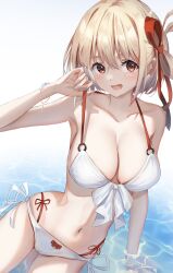 Rule 34 | 1girl, absurdres, armpits, bikini, blonde hair, blush, bob cut, breasts, cleavage, collarbone, front-tie bikini top, front-tie top, hair ribbon, highres, large breasts, looking at viewer, lycoris recoil, navel, nishikigi chisato, o-ring, open mouth, red eyes, red ribbon, ribbon, short hair, side-tie bikini bottom, solo, strap pull, swimsuit, wata0933, water, white hair