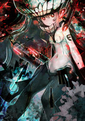Rule 34 | 10s, 1girl, abyssal ship, bodysuit, cape, glowing, glowing eyes, highres, kantai collection, long hair, looking at viewer, monster, organ derwald, pale skin, personification, red eyes, silver hair, solo, wo-class aircraft carrier