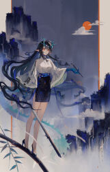 Rule 34 | 1girl, absurdres, ambience synesthesia, arknights, black footwear, black hair, black skirt, blue hair, blue pupils, blue skin, blush, colored skin, dragon horns, dragon tail, dusk (arknights), earrings, full body, high heels, highres, holding, holding paintbrush, holding sword, holding weapon, horns, jewelry, leaf, lipstick, long hair, long sleeves, looking up, makeup, multicolored hair, official alternate costume, orange eyes, paintbrush, parted lips, pointy ears, shirt, side slit, skirt, solo, streaked hair, sword, tail, till-valhalla, very long hair, weapon, white shirt, wide sleeves