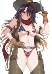 Rule 34 | 1girl, absurdres, american flag bikini, belt, bikini, black hair, blush, breasts, brown belt, brown gloves, chaps, closed mouth, commentary, commission, cowboy hat, cowboy shot, cowboy western, cropped vest, english commentary, flag print, gloves, gun, hand up, handgun, hat, highleg, highleg bikini, highres, himeliofon, holding, holding gun, holding weapon, long hair, lua asuka, medium breasts, navel, production kawaii, red scarf, revolver, scarf, sheriff badge, simple background, skindentation, smile, solo, stomach, swimsuit, vest, virtual youtuber, weapon, white background, yellow eyes